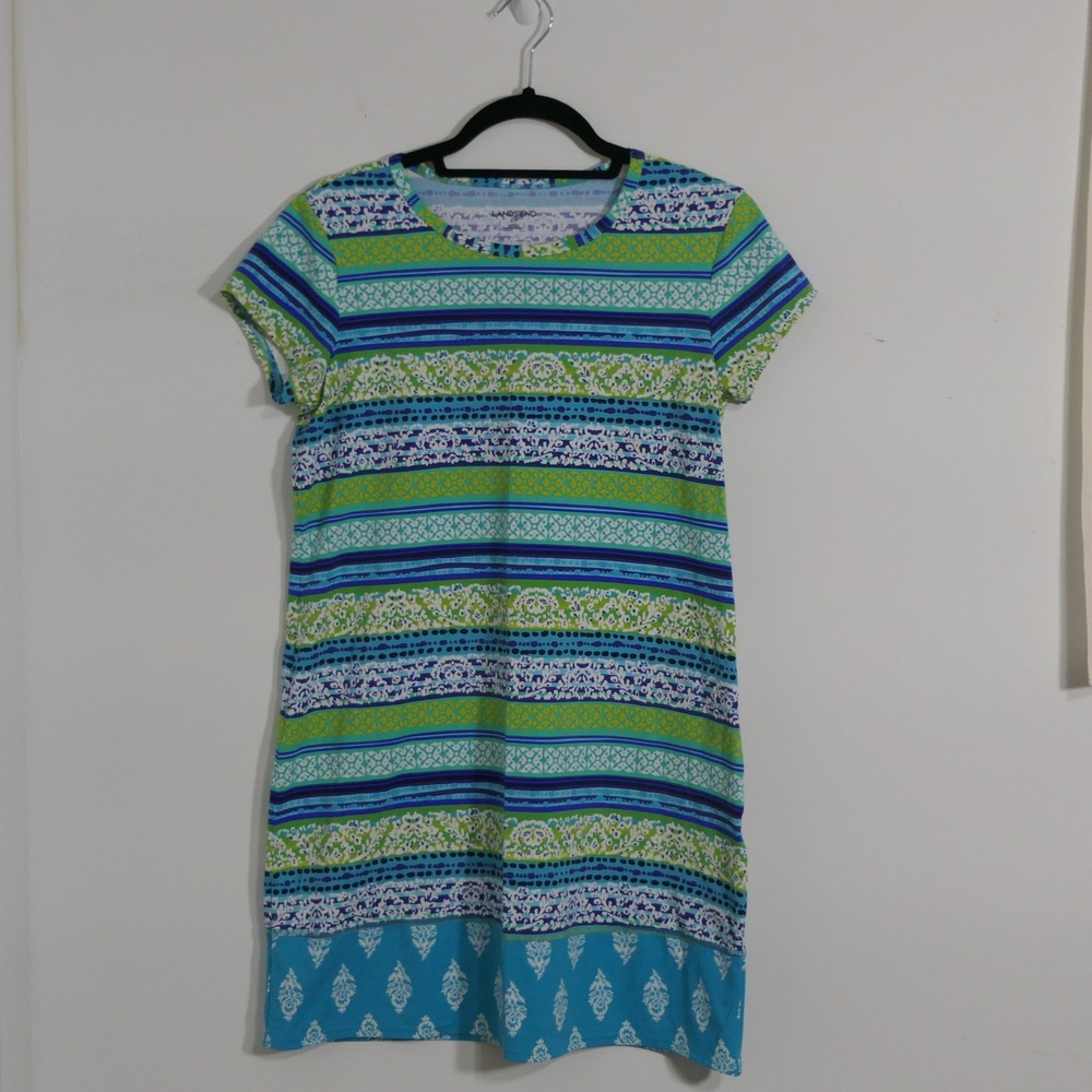 Lands End Womens Swim Cover Up Dress S Blue Green Striped Boho Beach‎ Coastal